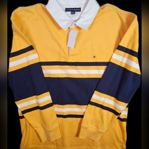 Vintage Tommy Hilfiger Rugby Shirt NWT Yellow Striped Long Sleeve Polo XL Y2K